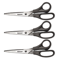 Westcott Value Line Stainless Steel Shears, 8" Long, 3.5" Cut Length, Black Offset Handles, 3/Pack (13402)
