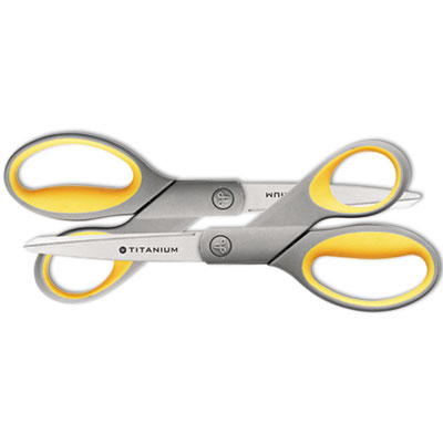 Westcott Titanium Bonded Scissors, 8" Long, 3.5" Cut Length, Gray/Yellow Straight Handles, 2/Pack (13901)